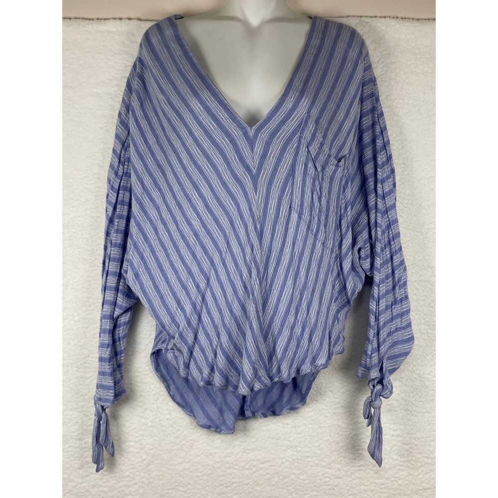 Free People Blue White Striped V-Neck Blouse Tie Sleeve Pocket Top Large